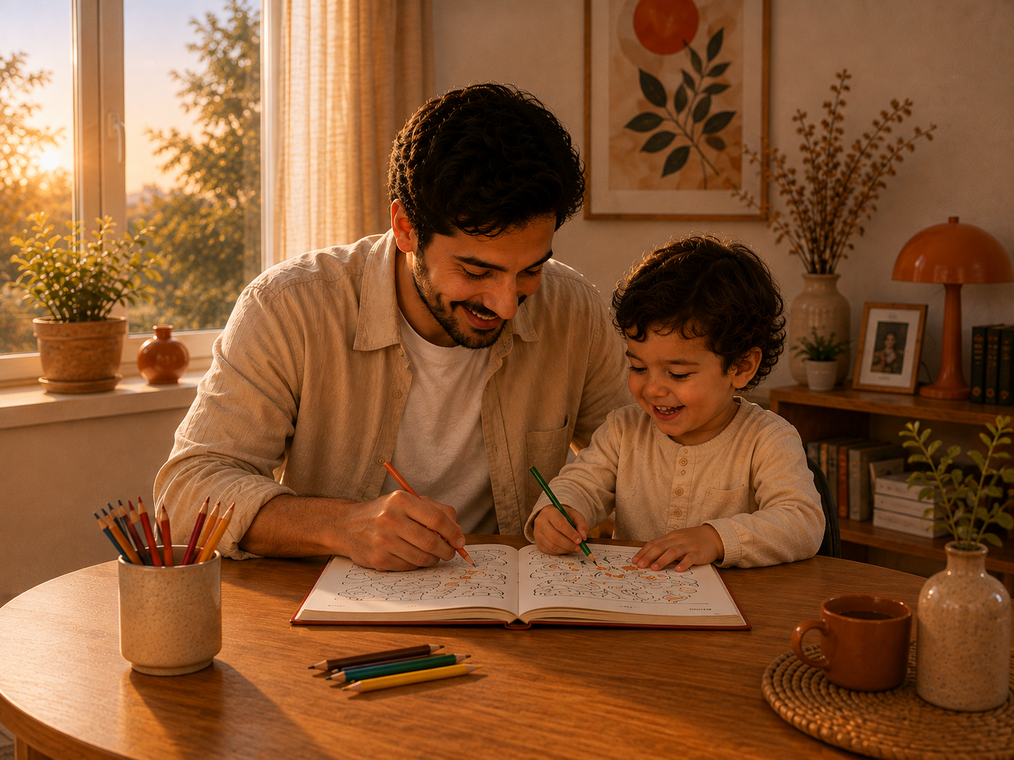 Father and child drawing together at a table