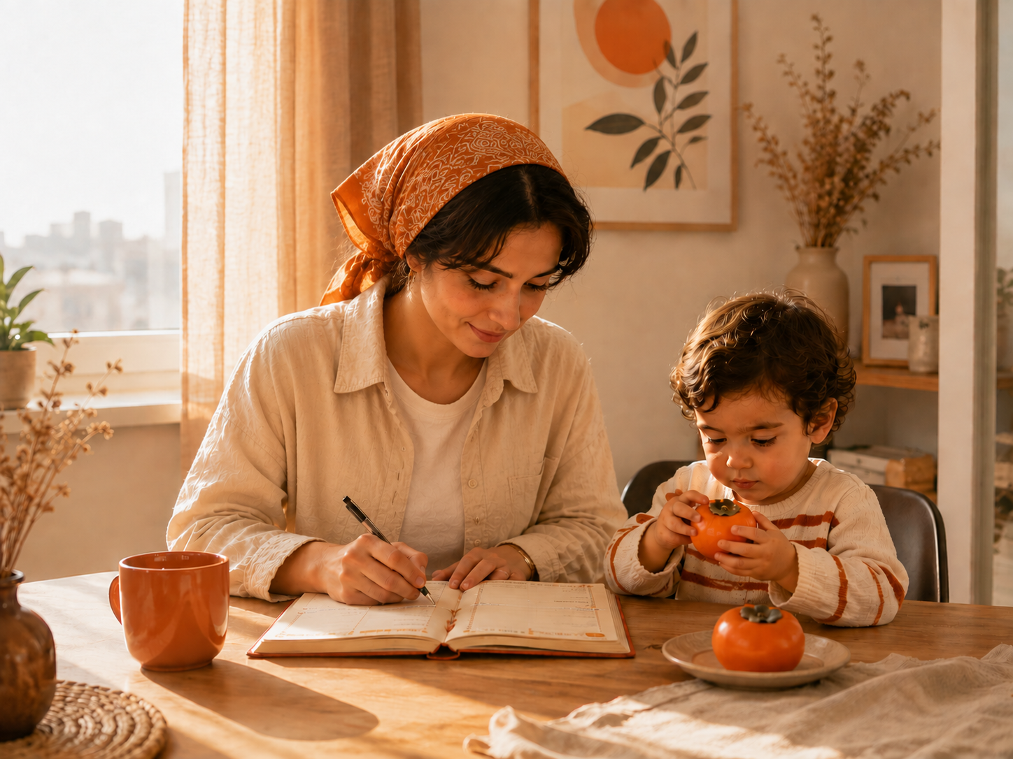 مادر و کودک در حال صبحانه خوردن و برنامه‌ریزی در خانه