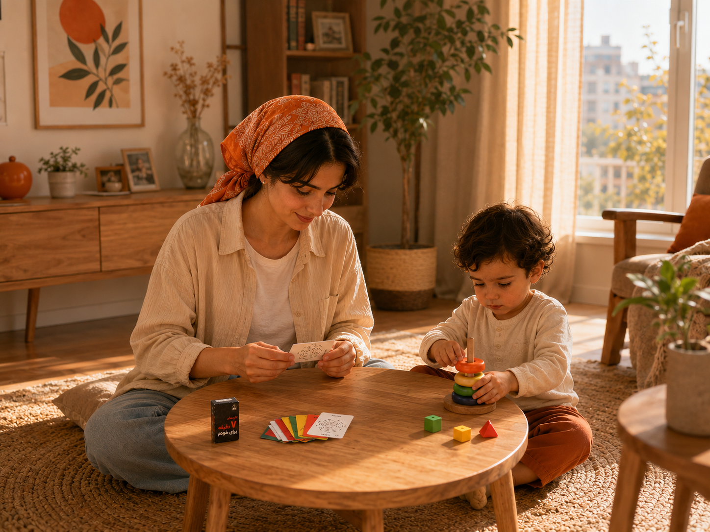 Mother and child sitting on a rug beside a wooden table in a warm sunlit room